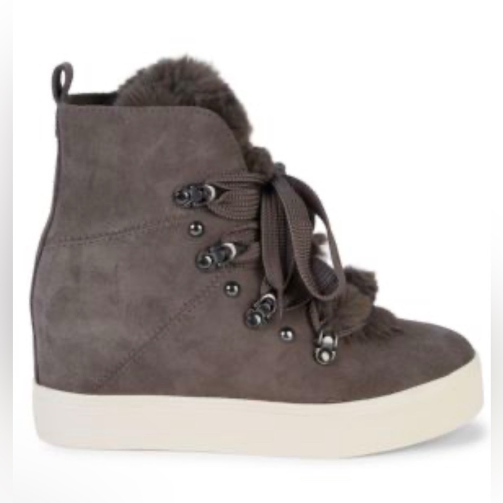J/Slides Nyc Whitney Taupe And Faux Fur Wedge Boo… - image 3